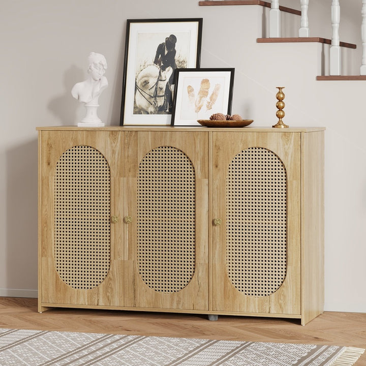 Retro 3-Door Accent Cabinet with Rattan Doors and Metal Handles Stylish Storage Solution for Living Room and Hallway Image 1