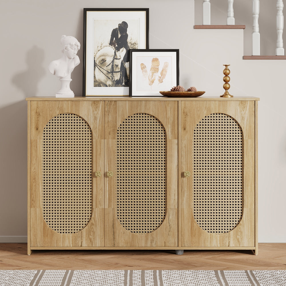 Retro 3-Door Accent Cabinet with Rattan Doors and Metal Handles Stylish Storage Solution for Living Room and Hallway Image 2