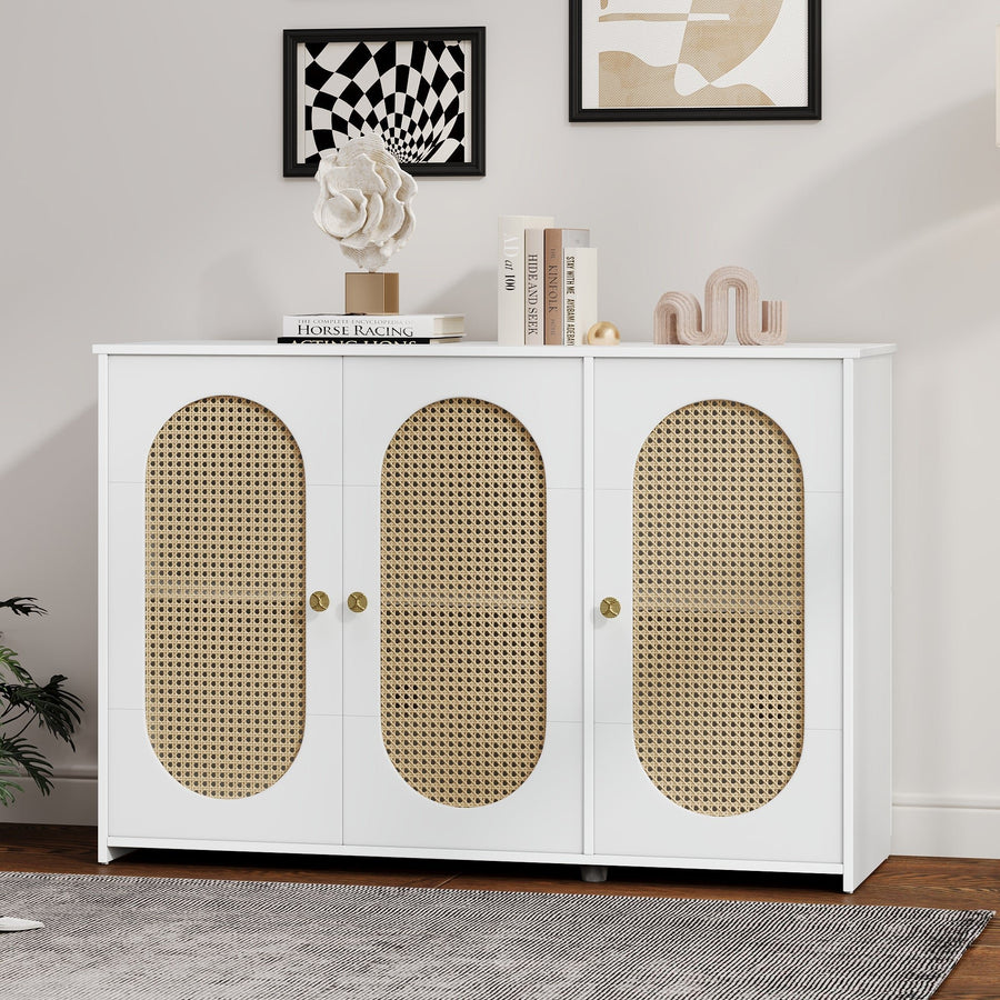 Retro 3-Door Accent Cabinet with Rattan Doors and Metal Handles for Living Room and Hallway Storage White Image 1