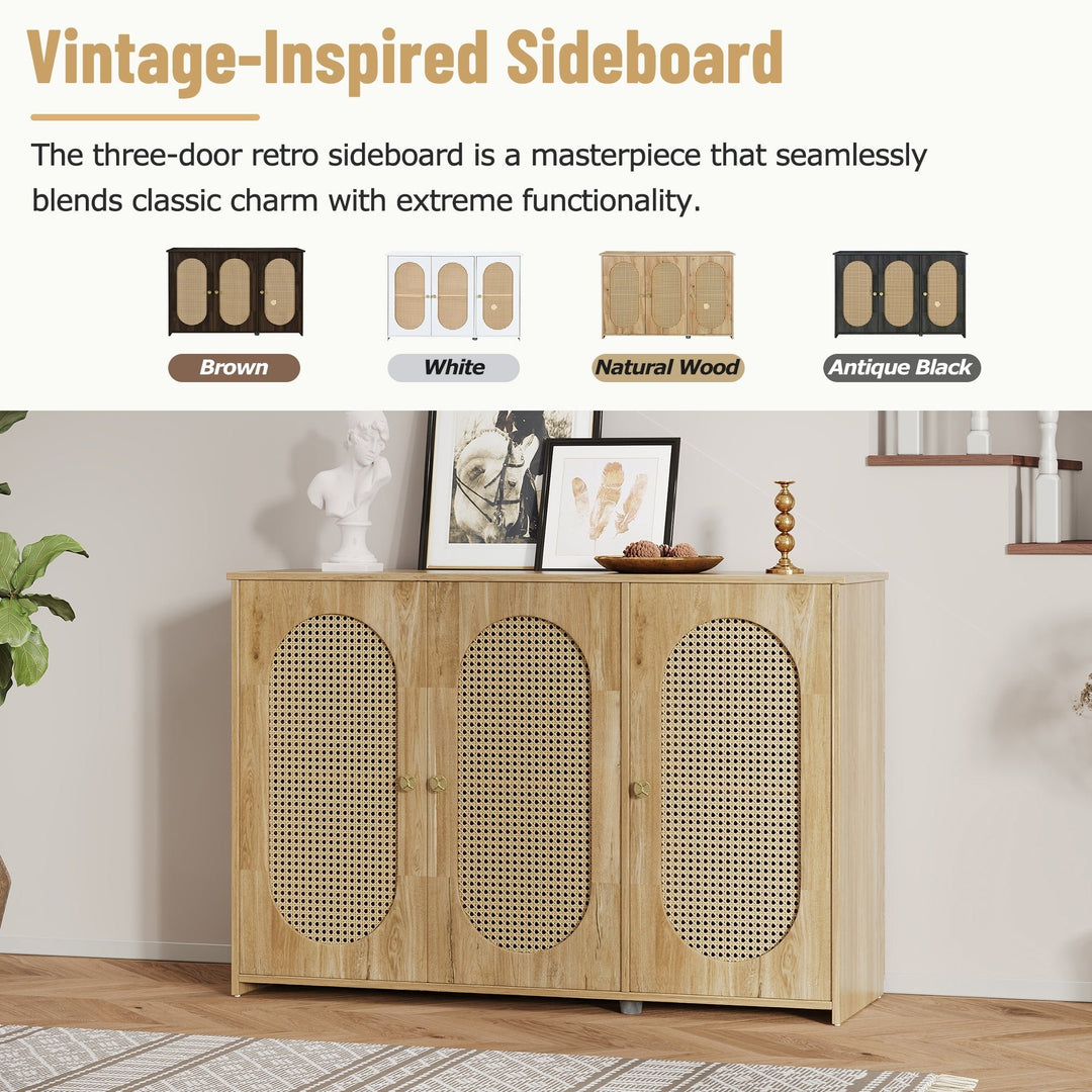 Retro 3-Door Accent Cabinet with Rattan Doors and Metal Handles Stylish Storage Solution for Living Room and Hallway Image 5