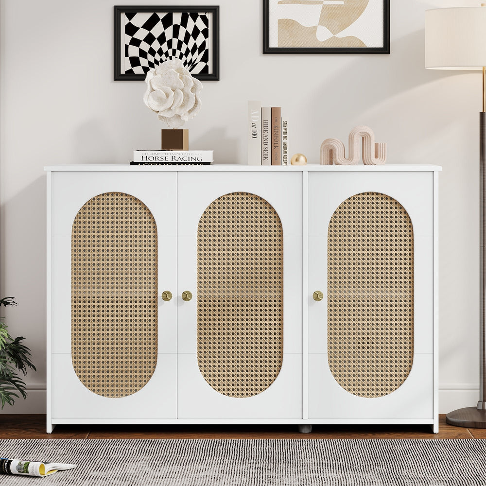 Retro 3-Door Accent Cabinet with Rattan Doors and Metal Handles for Living Room and Hallway Storage White Image 2