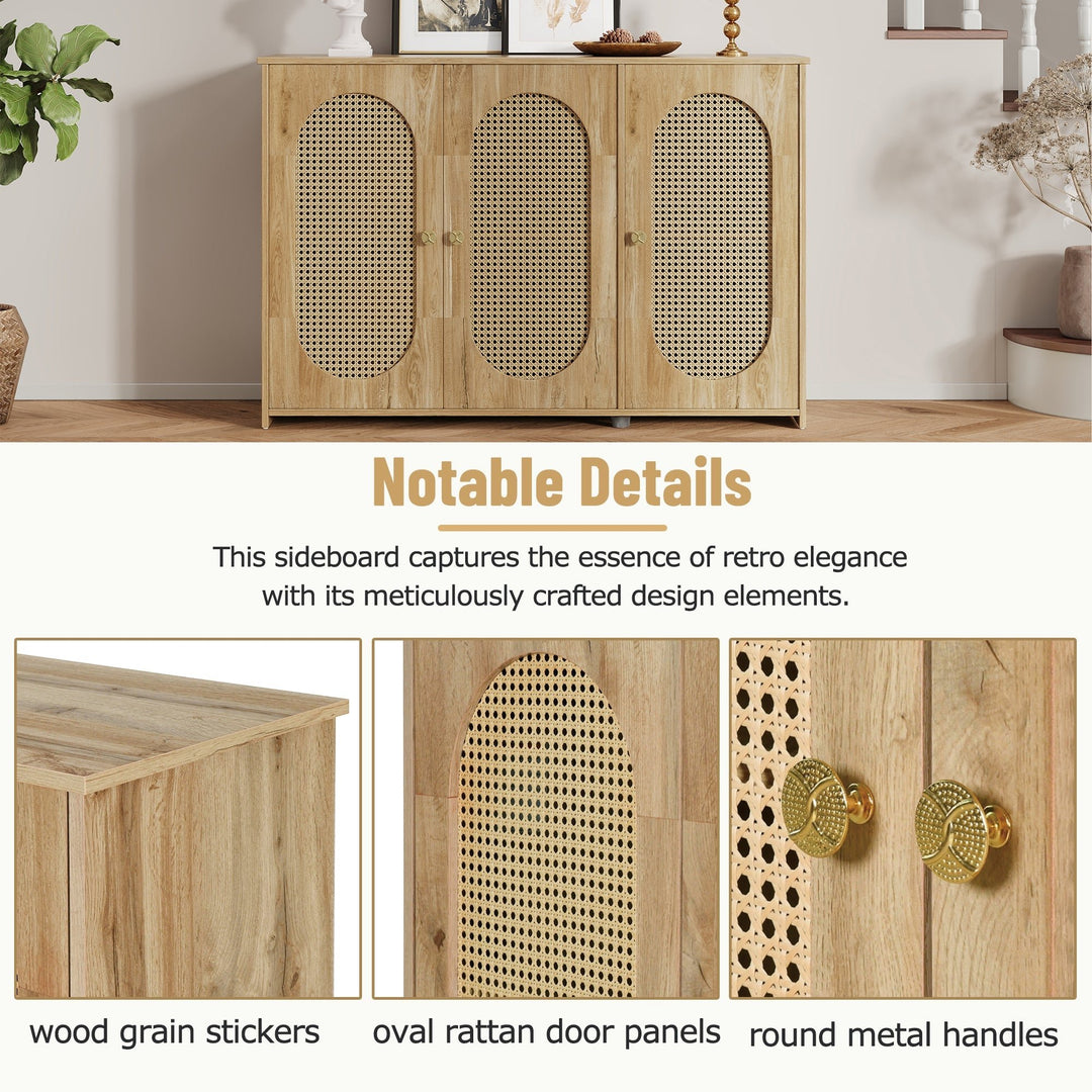 Retro 3-Door Accent Cabinet with Rattan Doors and Metal Handles Stylish Storage Solution for Living Room and Hallway Image 6