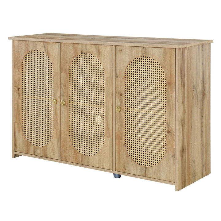 Retro 3-Door Accent Cabinet with Rattan Doors and Metal Handles Stylish Storage Solution for Living Room and Hallway Image 9