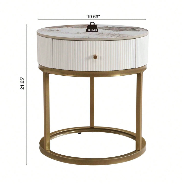 Sintered Stone Round End Table 19.68 Inch Nightstand with Drawer Waterproof Heat-Resistant Easy Assembly for Living Room Image 4