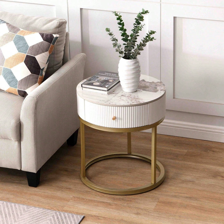 Sintered Stone Round End Table 19.68 Inch Nightstand with Drawer Waterproof Heat-Resistant Easy Assembly for Living Room Image 6