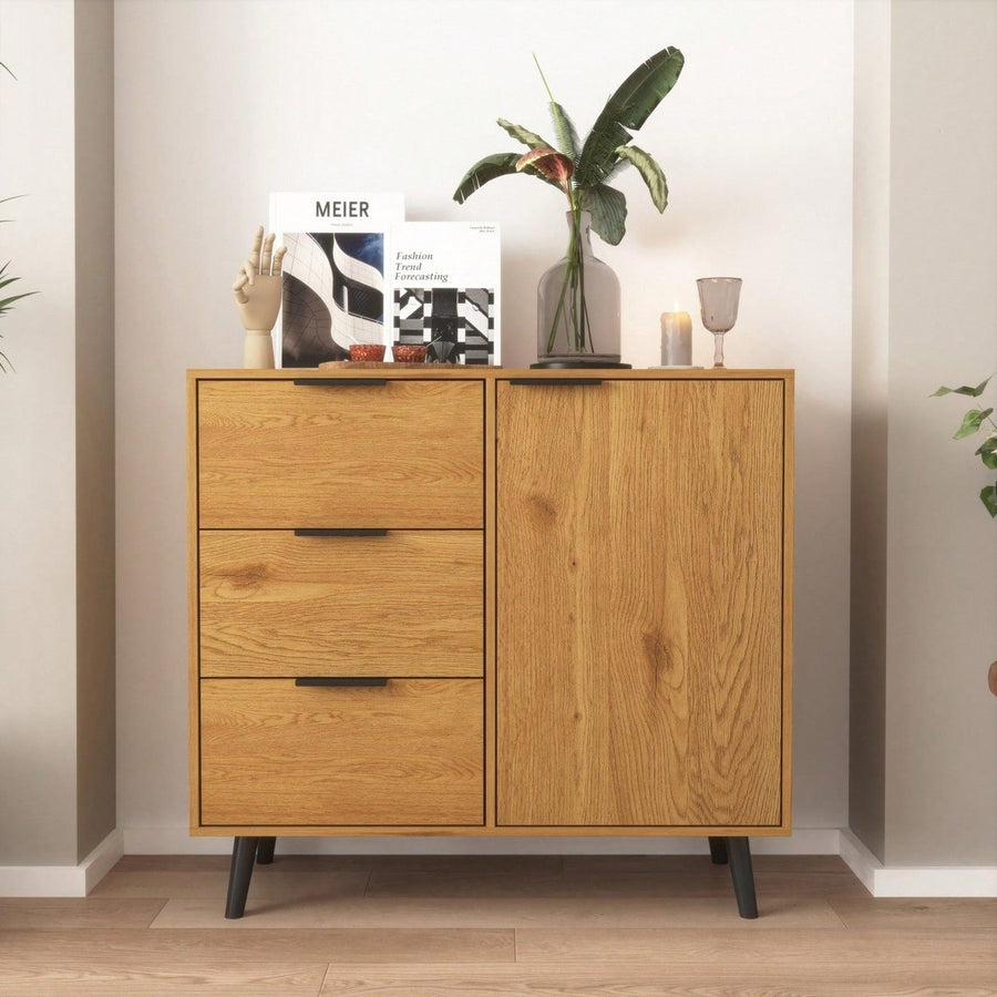 Storage Cabinet With 3 Drawers and Adjustable Shelf, Mid Century Cabinet With Door, Accent Cabinet For Living Room, Home Image 1