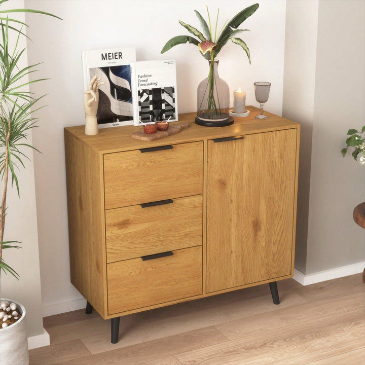 Storage Cabinet With 3 Drawers and Adjustable Shelf, Mid Century Cabinet With Door, Accent Cabinet For Living Room, Home Image 3