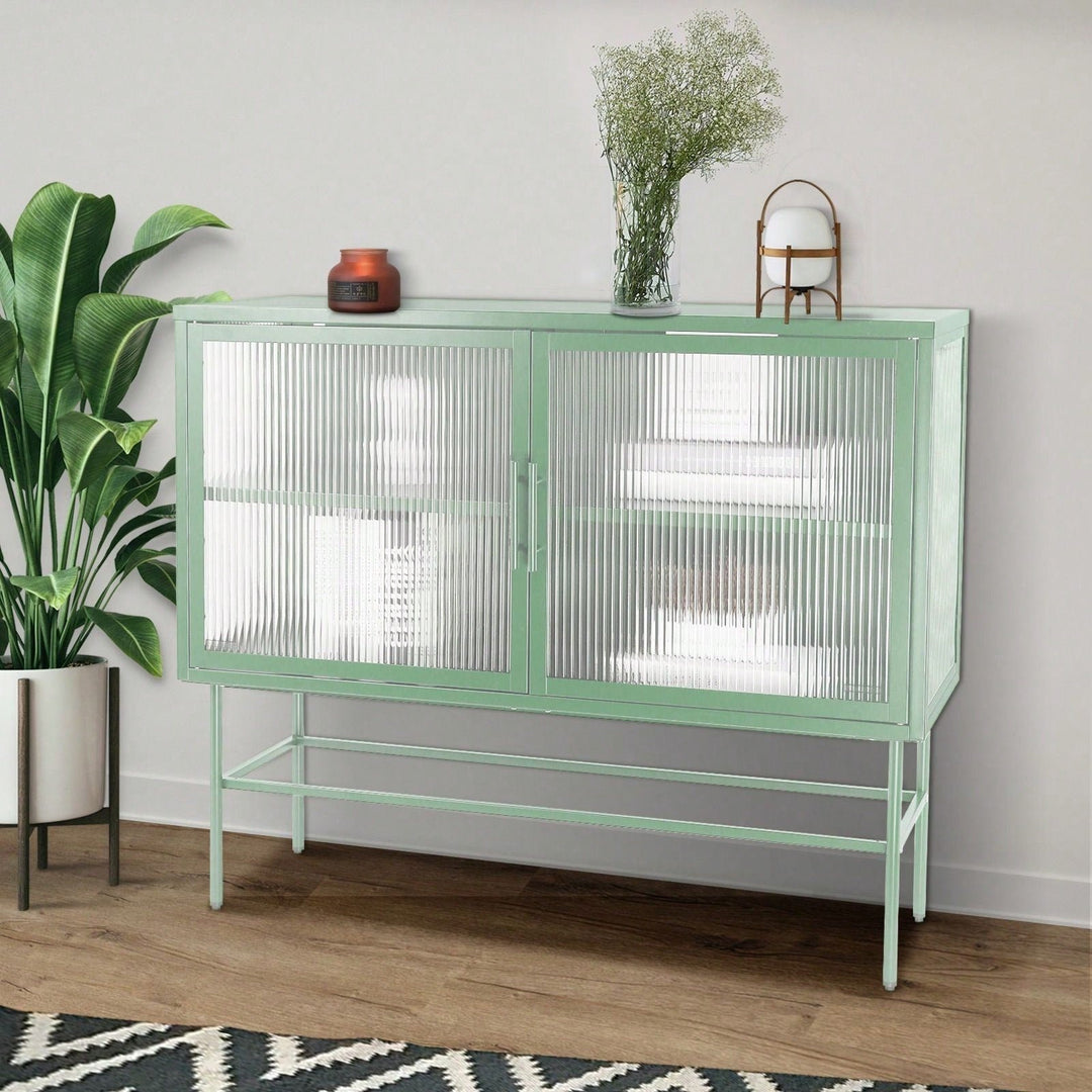 Storage Cabinet, Console Table, 2 Fluted Glass Doors, Adjustable Shelf And Feet, Anti-Tip Dust-Free Kitchen Credenza Image 6