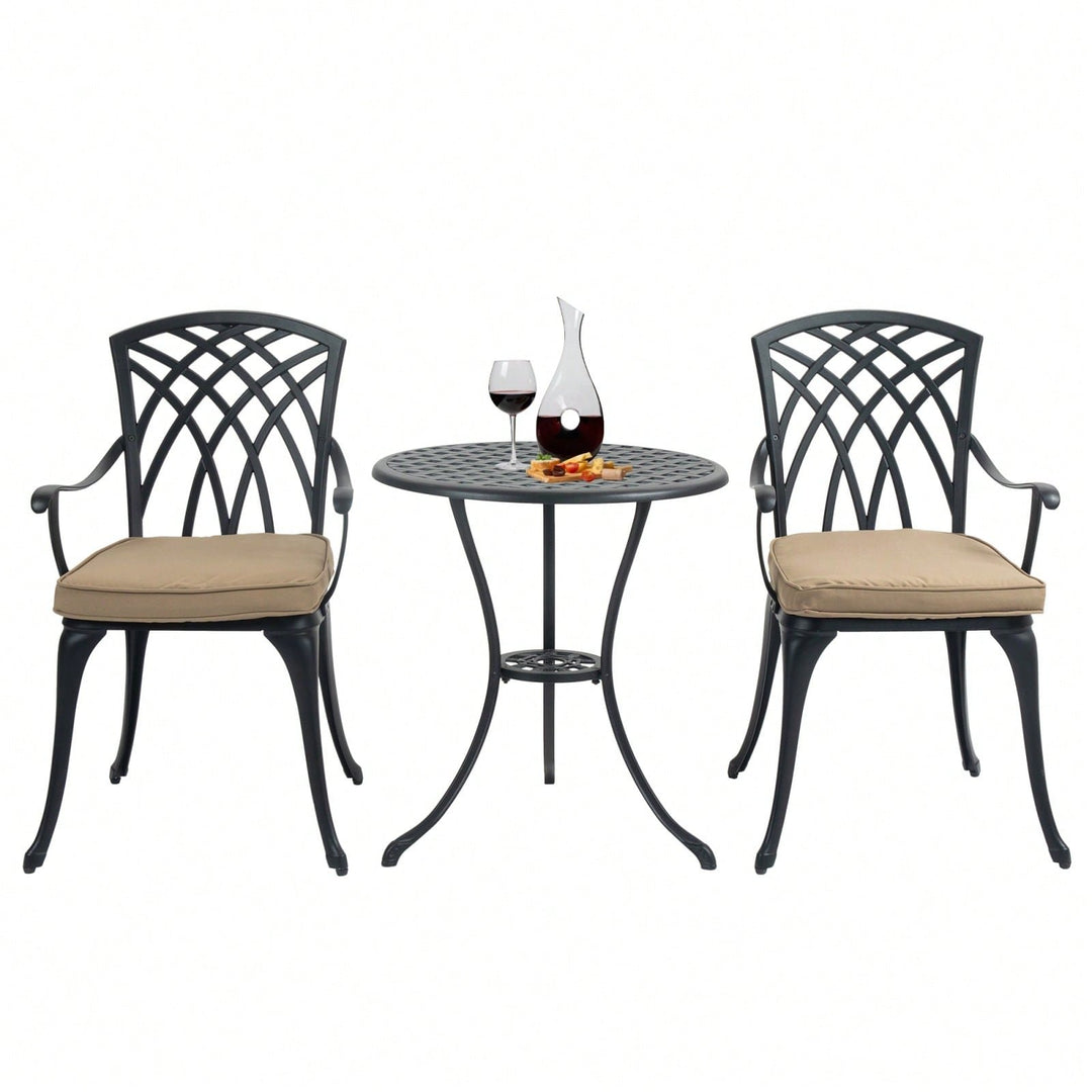 Stylish 3 Piece Cast Aluminum Bistro Set with Cushions for Outdoor Dining Umbrella Hole Ideal for Balcony Garden Lawn Image 1