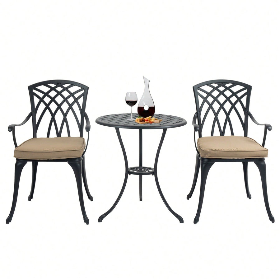 Stylish 3 Piece Cast Aluminum Bistro Set with Cushions for Outdoor Dining Umbrella Hole Ideal for Balcony Garden Lawn Image 1