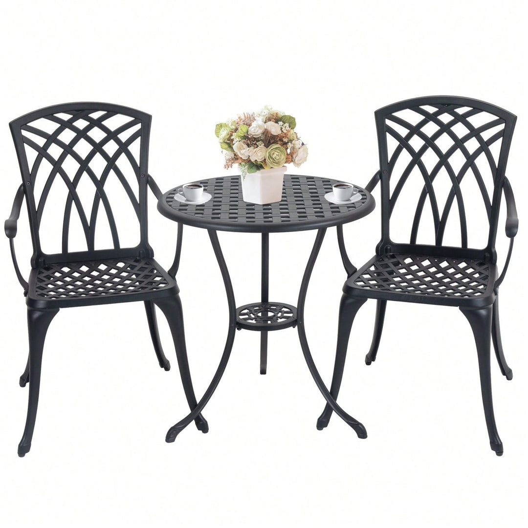 Stylish 3 Piece Cast Aluminum Bistro Set with Cushions for Outdoor Dining Umbrella Hole Ideal for Balcony Garden Lawn Image 2