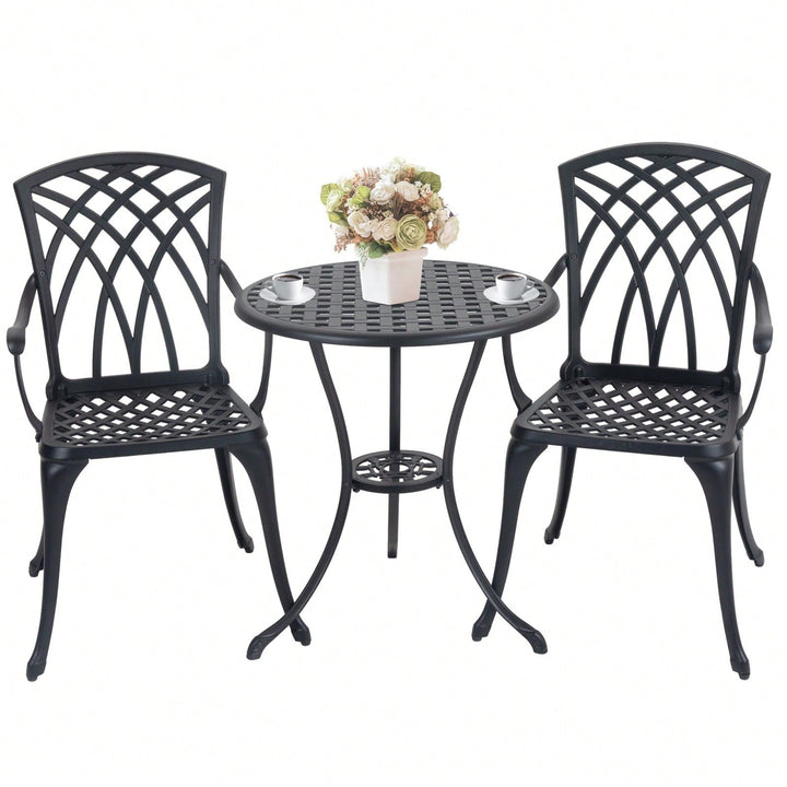 Stylish 3 Piece Cast Aluminum Bistro Set with Cushions for Outdoor Dining Umbrella Hole Ideal for Balcony Garden Lawn Image 1