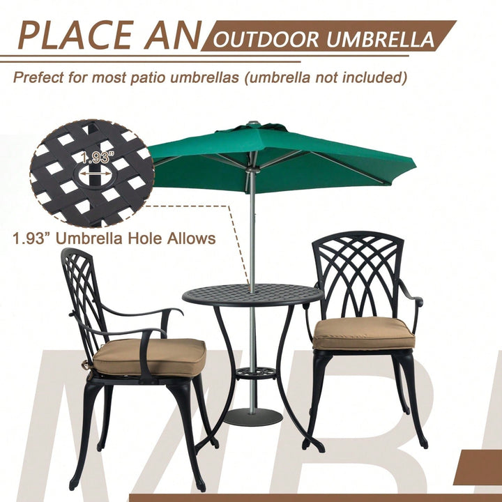 Stylish 3 Piece Cast Aluminum Bistro Set with Cushions for Outdoor Dining Umbrella Hole Ideal for Balcony Garden Lawn Image 4