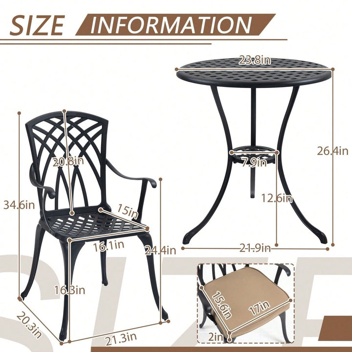 Stylish 3 Piece Cast Aluminum Bistro Set with Cushions for Outdoor Dining Umbrella Hole Ideal for Balcony Garden Lawn Image 5