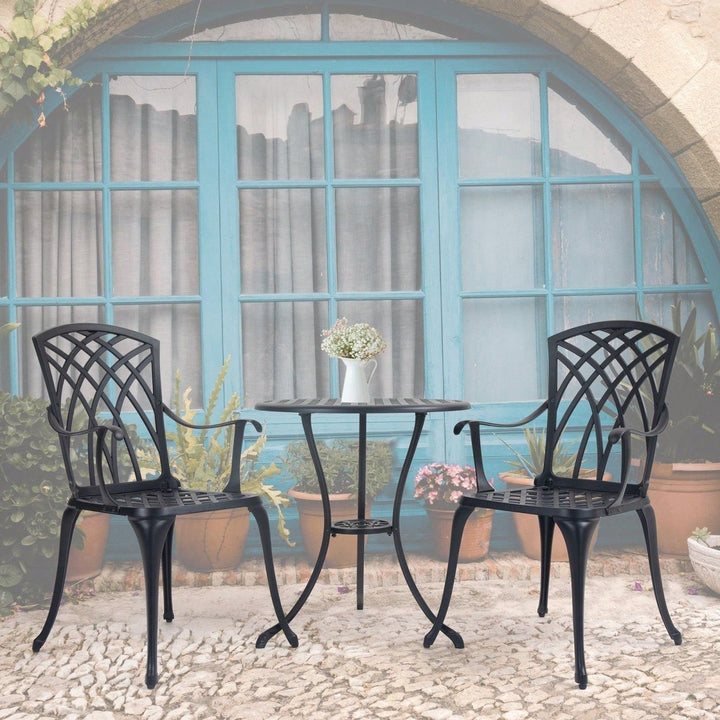 Stylish 3 Piece Cast Aluminum Bistro Set with Cushions for Outdoor Dining Umbrella Hole Ideal for Balcony Garden Lawn Image 9