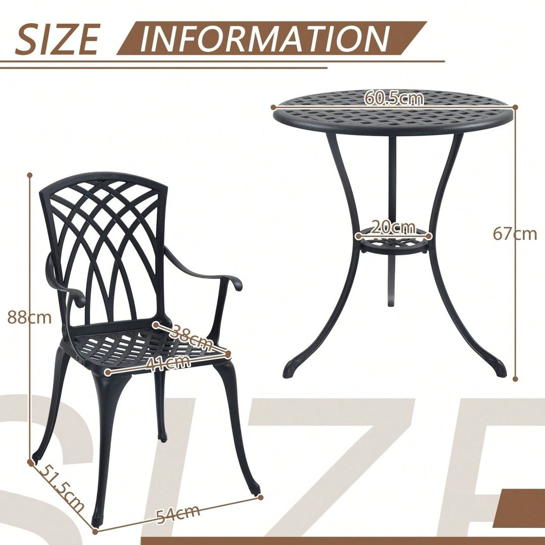 Stylish 3 Piece Cast Aluminum Bistro Set with Cushions for Outdoor Dining Umbrella Hole Ideal for Balcony Garden Lawn Image 10