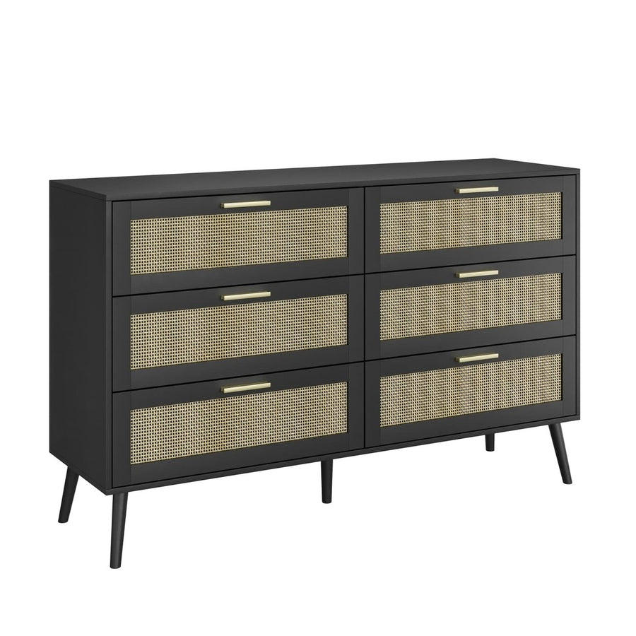 Stylish 6 Drawer Rattan Dresser Chest with Gold Handles Anti-Tipping Design Multi-Purpose Storage for Bedroom Entryway Image 1