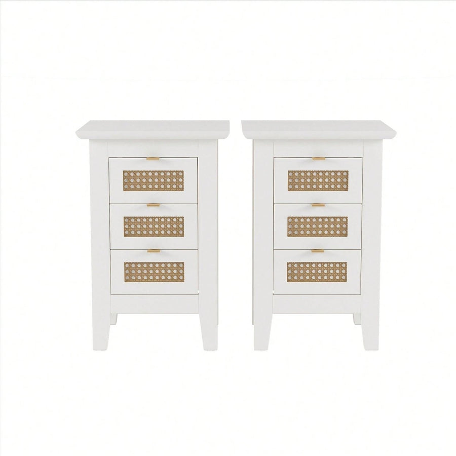 Set Of 2, Rattan-Woven Nightstand With Three Drawers, Exquisite Elegance For Bedroom Image 1