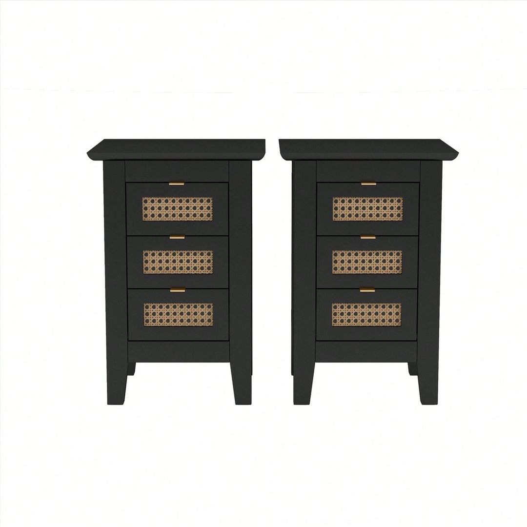 Set Of 2, Rattan-Woven Nightstand With Three Drawers, Exquisite Elegance For Bedroom Image 2