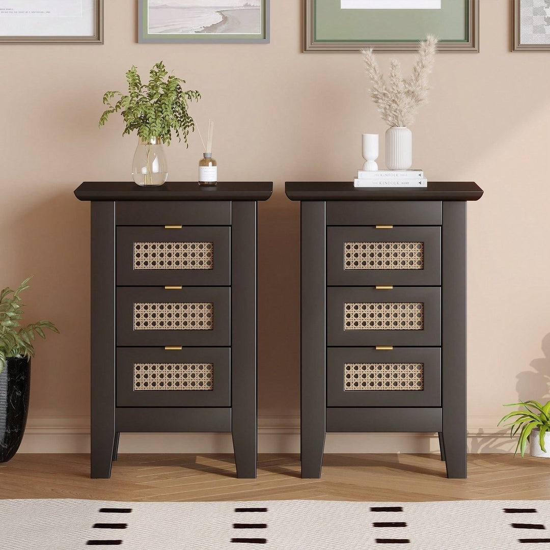 Set Of 2, Rattan-Woven Nightstand With Three Drawers, Exquisite Elegance For Bedroom Image 11