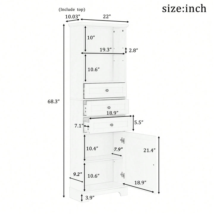 Tall Storage Cabinet With 3 Drawers And Adjustable Shelves For Bathroom, Kitchen And Living Room Image 3