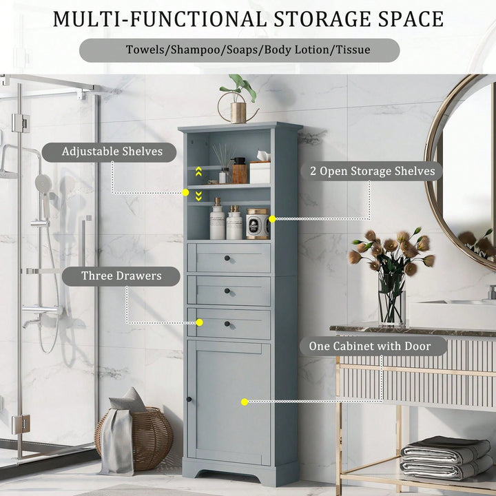 Tall Storage Cabinet With 3 Drawers And Adjustable Shelves For Bathroom, Kitchen And Living Room Image 4