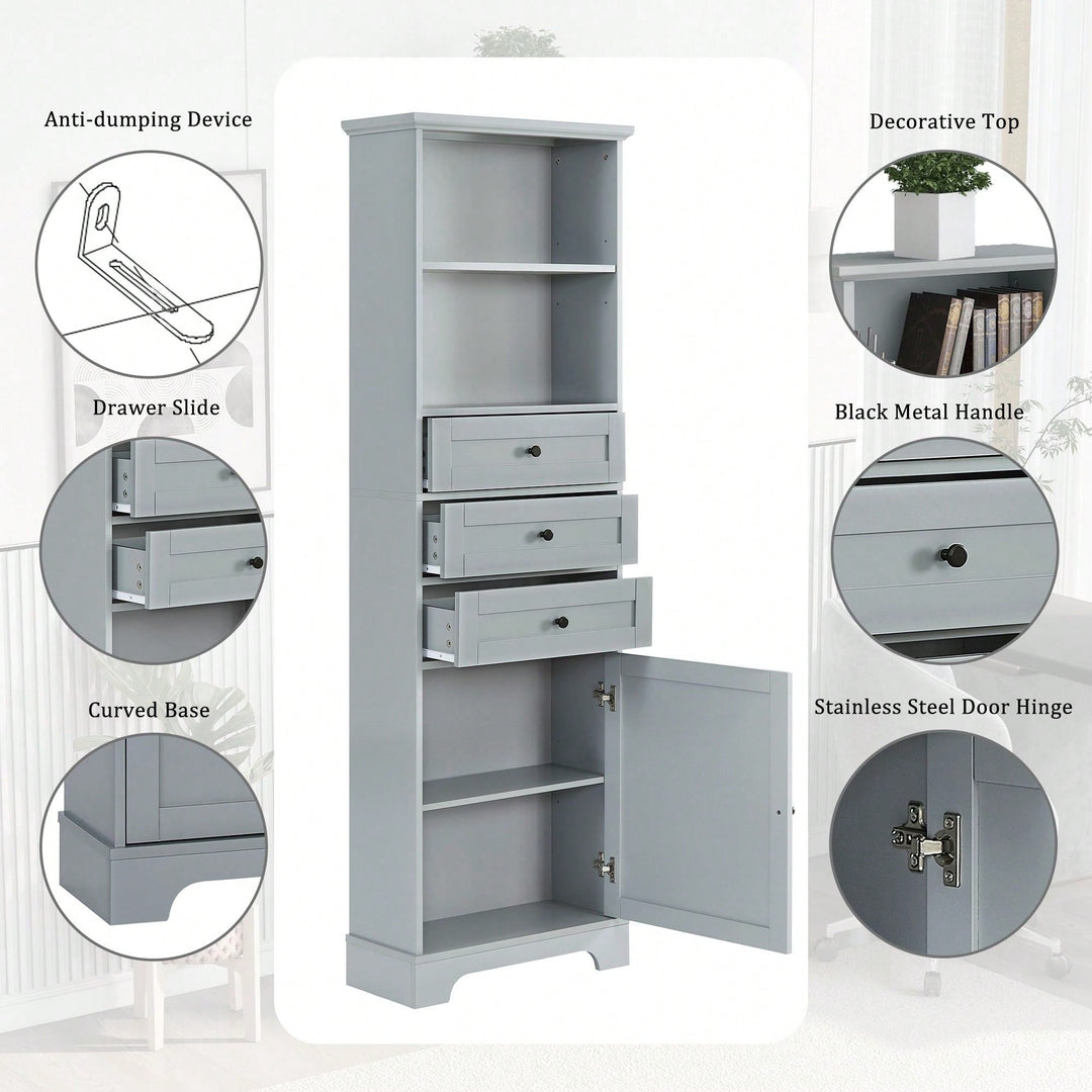 Tall Storage Cabinet With 3 Drawers And Adjustable Shelves For Bathroom, Kitchen And Living Room Image 5