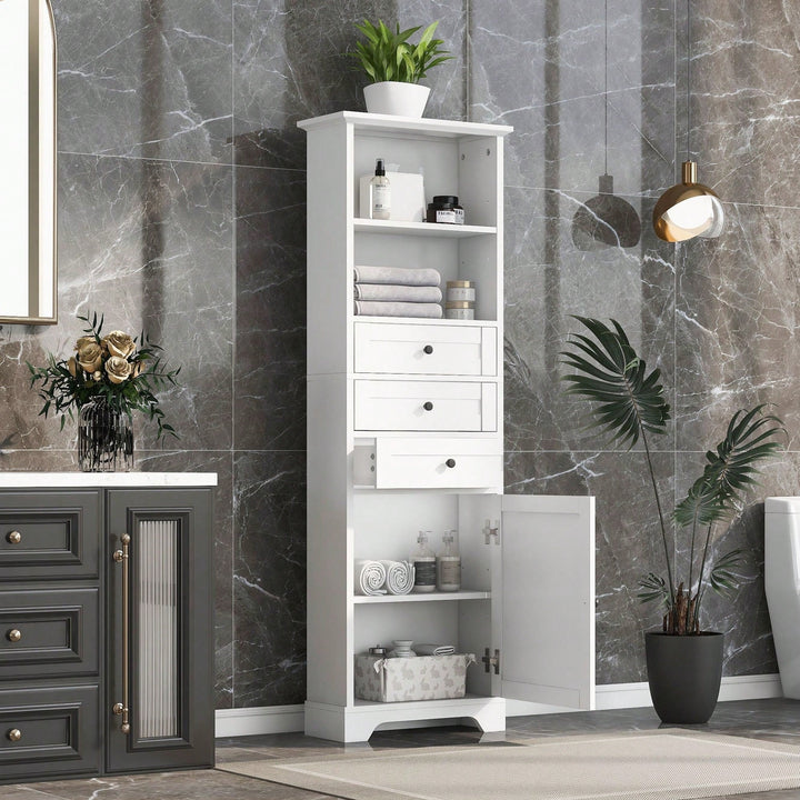 Tall Storage Cabinet With 3 Drawers And Adjustable Shelves For Bathroom, Kitchen And Living Room Image 9