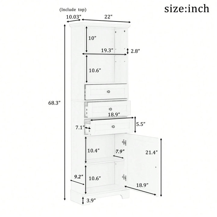 Tall Storage Cabinet With 3 Drawers And Adjustable Shelves For Bathroom, Kitchen And Living Room Image 10