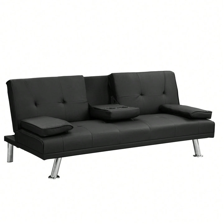 Sofa Bed With Armrest Two Holders WOOD FRAME, STAINLESS LEG, FUTON PVC Image 5