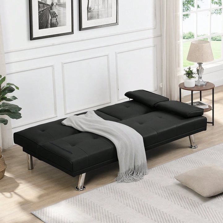 Sofa Bed With Armrest Two Holders WOOD FRAME, STAINLESS LEG, FUTON PVC Image 9