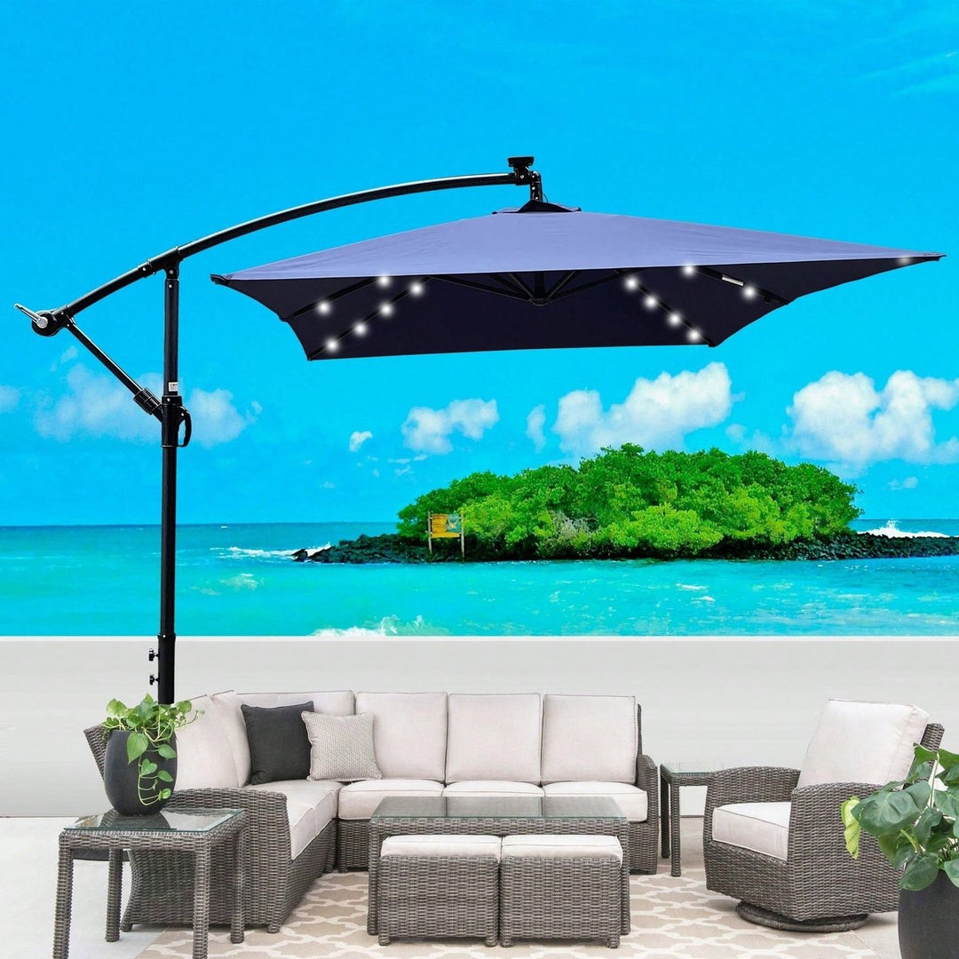 Solar Powered LED Outdoor Patio Umbrella with Crank and Cross Base Waterproof 6 Ribs for Garden Deck Pool Shade Image 9