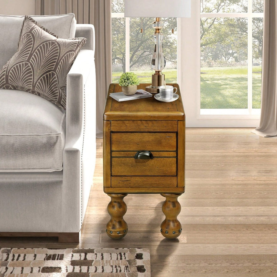 Solid Wood Narrow End Table With Drawer, Vintage Nightstand For Small Spaces, Easy Assembly, Waterproof And Sturdy Image 1