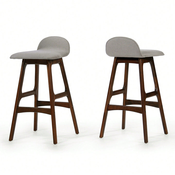 Set Of 2 Mid-Century Modern Upholstered Low Back Barstools - 28.5 Gray Design With Natural Oak Finish" Image 1