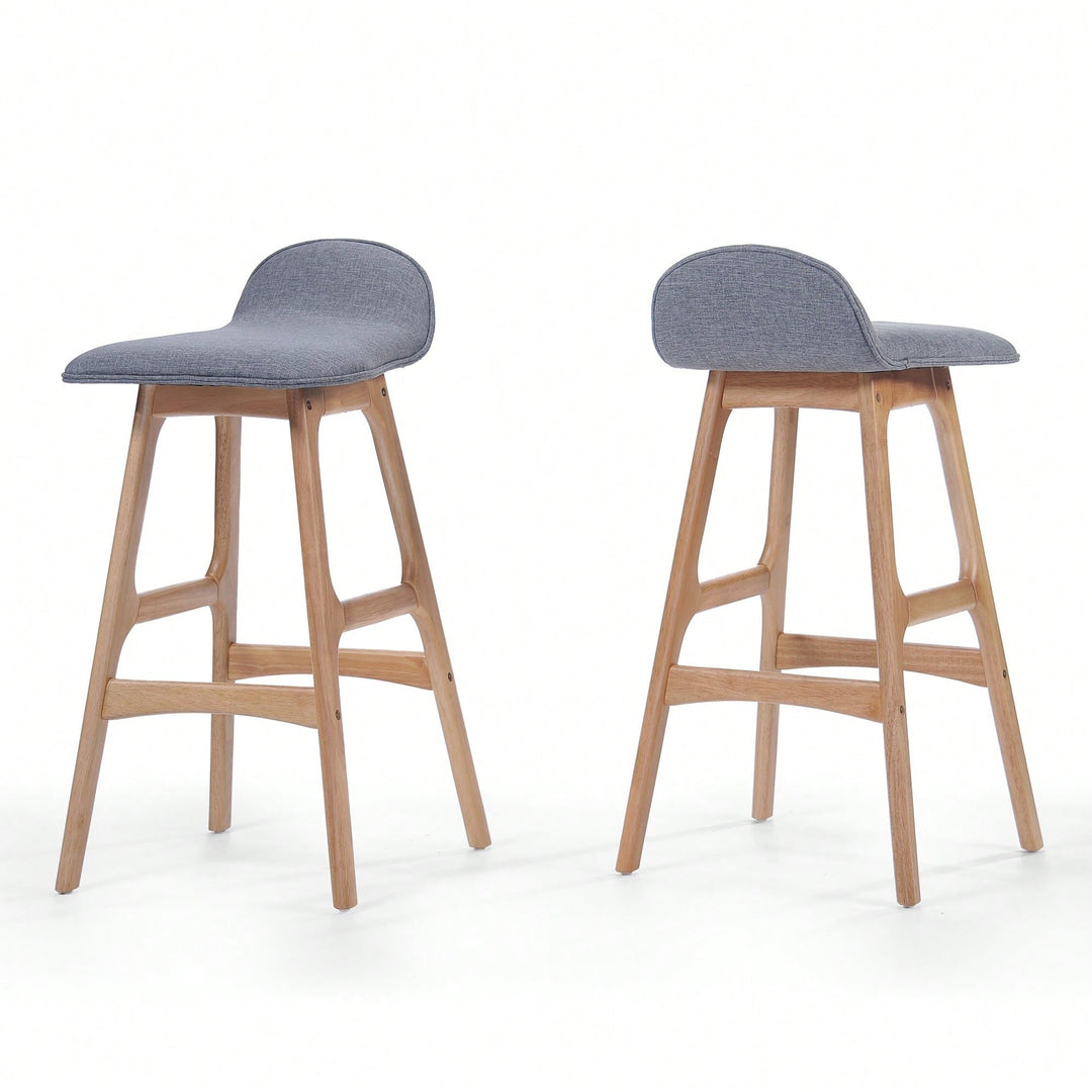 Set Of 2 Mid-Century Modern Upholstered Low Back Barstools - 28.5 Gray Design With Natural Oak Finish" Image 2