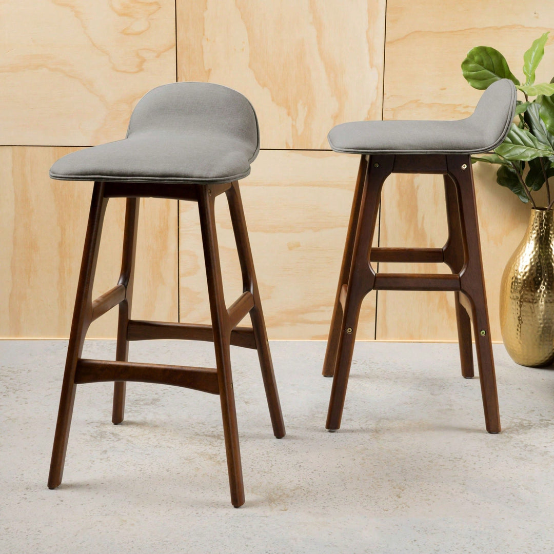 Set Of 2 Mid-Century Modern Upholstered Low Back Barstools - 28.5 Gray Design With Natural Oak Finish" Image 3