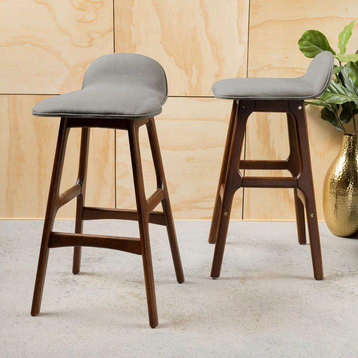 Set Of 2 Mid-Century Modern Upholstered Low Back Barstools - 28.5 Gray Design With Natural Oak Finish" Image 3