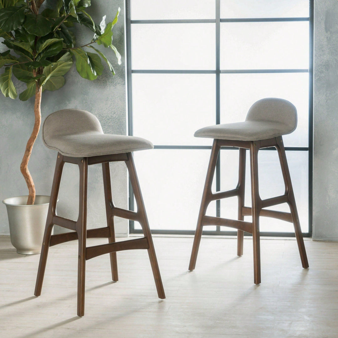 Set Of 2 Mid-Century Modern Upholstered Low Back Barstools - 28.5 Gray Design With Natural Oak Finish" Image 4