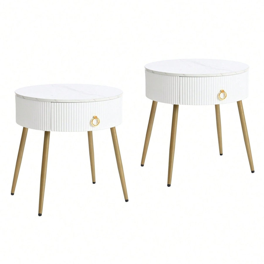 Set of 2 Modern End Tables with High Gloss Faux Marble Tops and Gold Legs, Stylish Round Side Tables with Drawers for Image 1