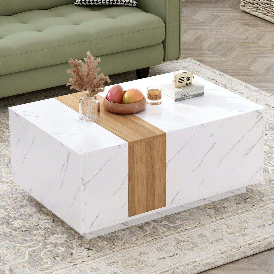 Stylish Two-Tone Rectangular Coffee Table with Faux Marble Top and Walnut Finish, Features 2 Storage Drawers for Living Image 1