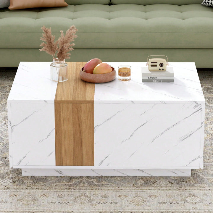 Stylish Two-Tone Rectangular Coffee Table with Faux Marble Top and Walnut Finish, Features 2 Storage Drawers for Living Image 3