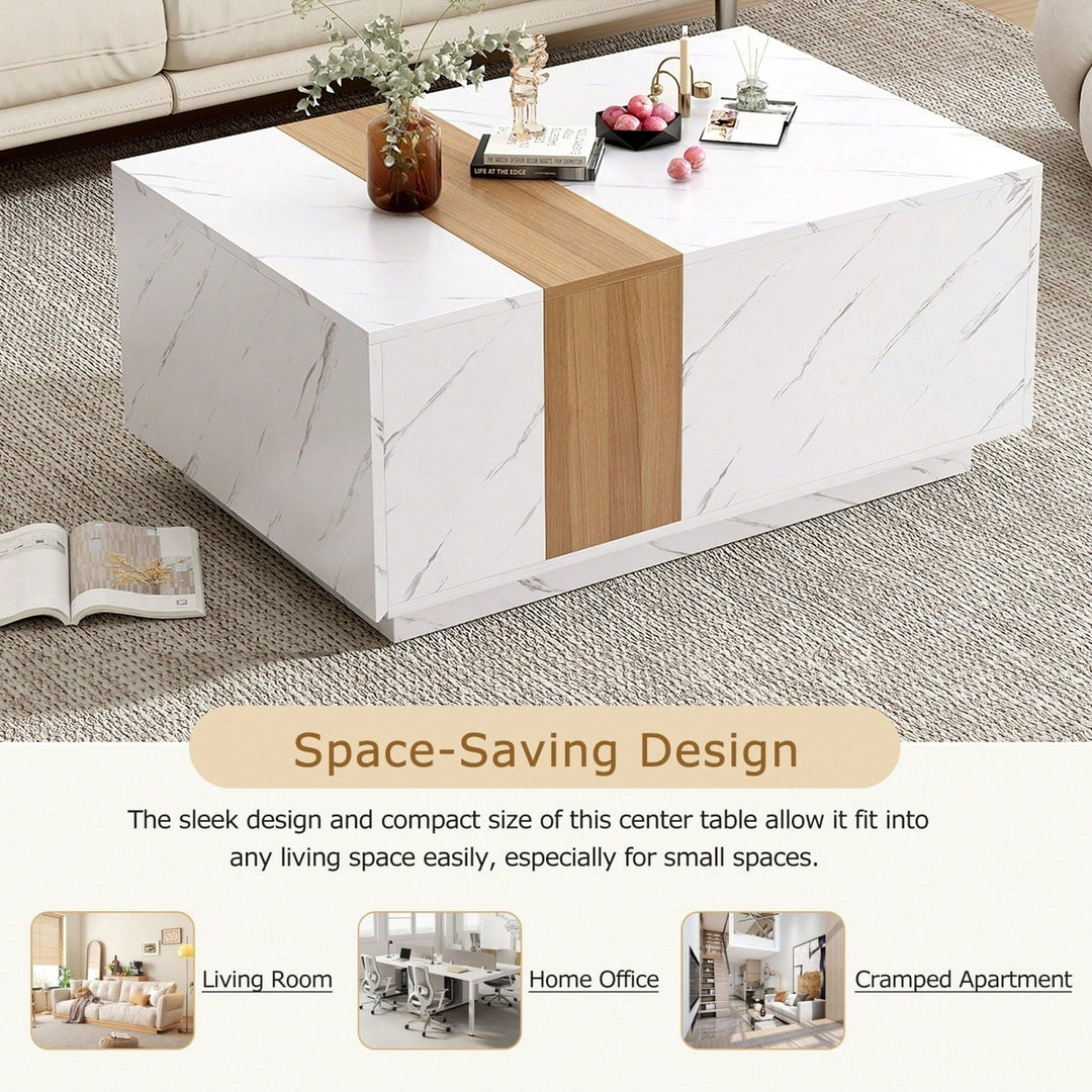 Stylish Two-Tone Rectangular Coffee Table with Faux Marble Top and Walnut Finish, Features 2 Storage Drawers for Living Image 5