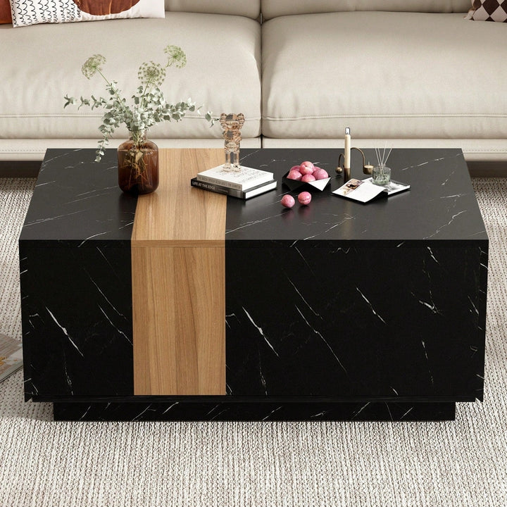 Stylish Two-Tone Rectangular Coffee Table with Faux Marble Top and Walnut Finish, Features 2 Storage Drawers for Living Image 9