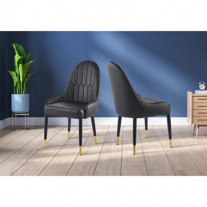 Stylish Upholstered Leather Dining Chair Set Of 2 - Modern Accent Chairs With Black Plastic Tube Plug Legs Image 4