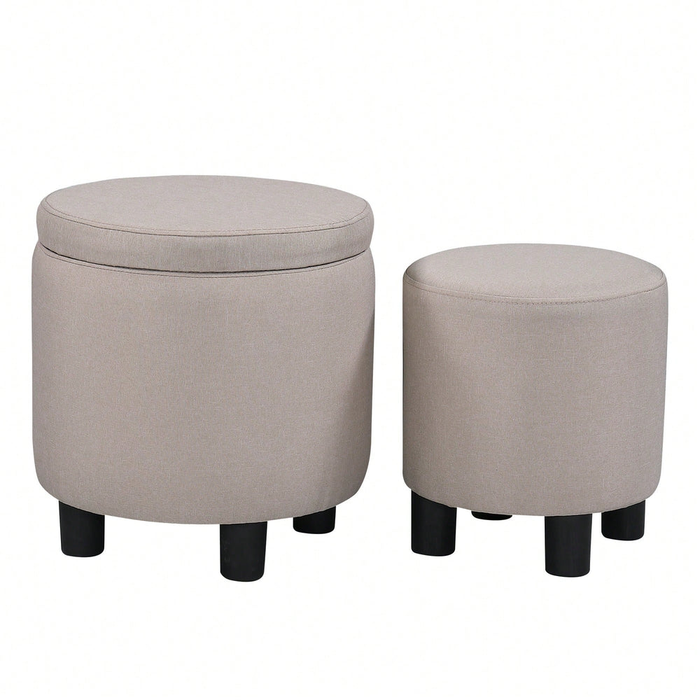 Stylish Upholstered Round Tufted Ottoman With Storage For Living Room and Bedroom - Decorative Fabric Footrest In Beige Image 2