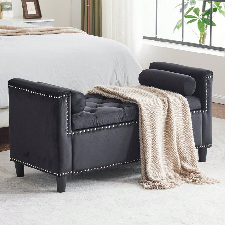 Stylish Velvet Storage Bench with Armrests 44.5 Inch Upholstered Entryway and Bedroom Seat with Hidden Storage and Image 4