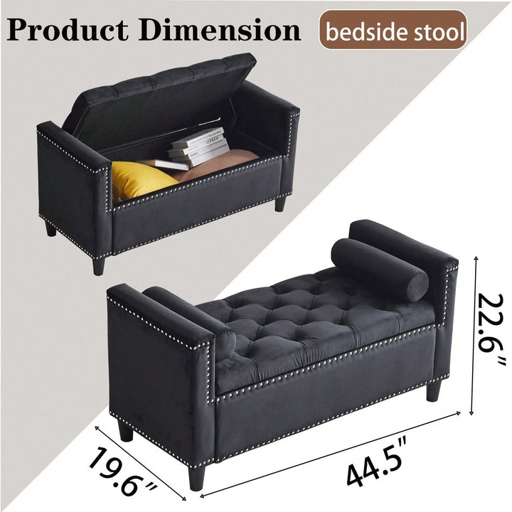 Stylish Velvet Storage Bench with Armrests 44.5 Inch Upholstered Entryway and Bedroom Seat with Hidden Storage and Image 5