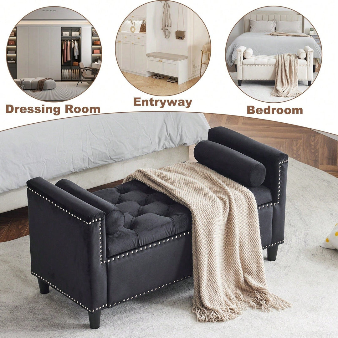 Stylish Velvet Storage Bench with Armrests 44.5 Inch Upholstered Entryway and Bedroom Seat with Hidden Storage and Image 6