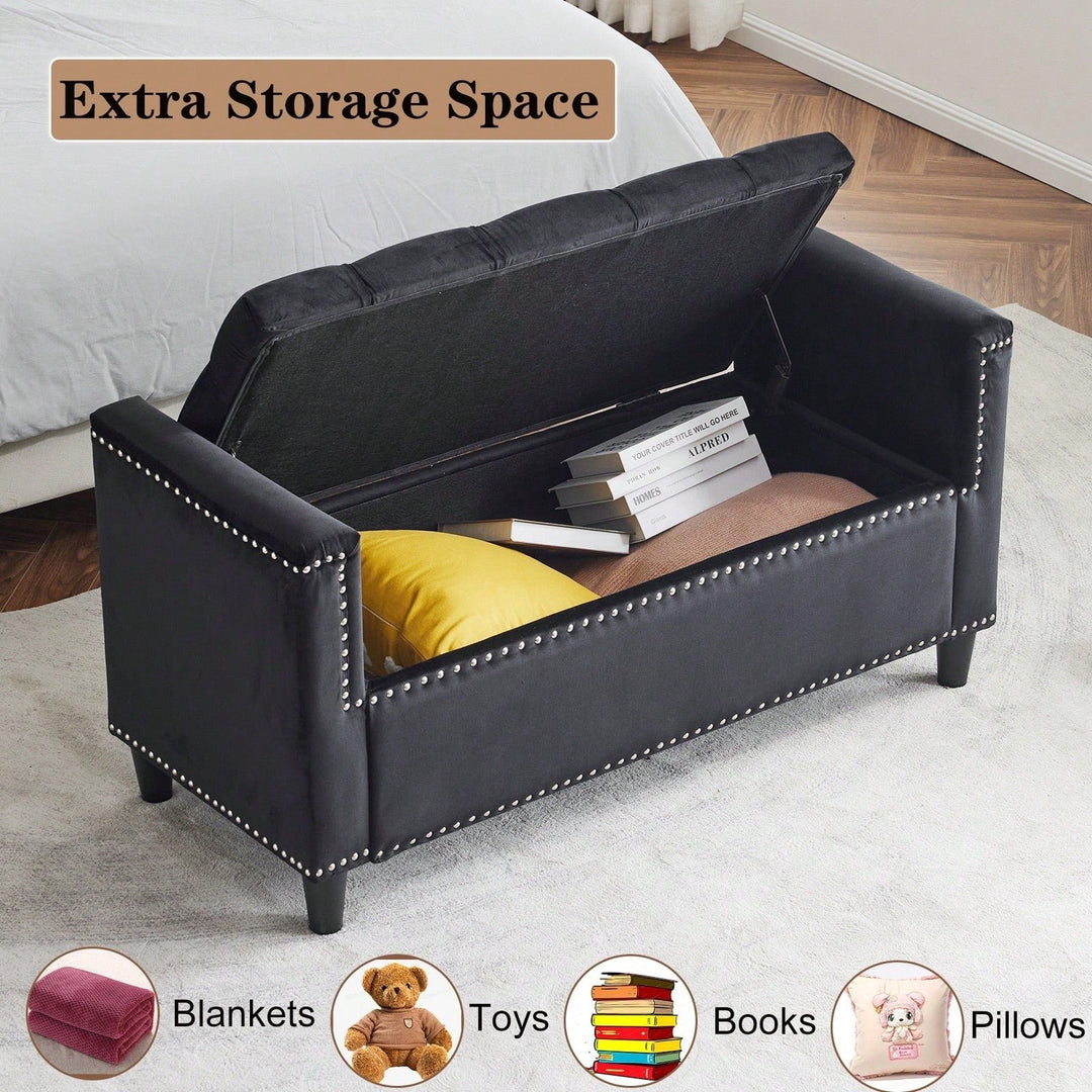 Stylish Velvet Storage Bench with Armrests 44.5 Inch Upholstered Entryway and Bedroom Seat with Hidden Storage and Image 7