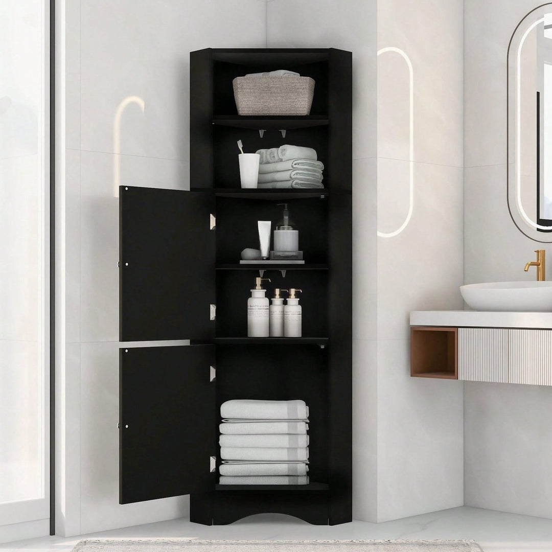 Tall Bathroom Corner Cabinet, Freestanding Storage Cabinet With Doors And Adjustable Shelves Image 2